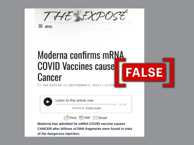 A screenshot of a social media post that makes the false claim that Moderna admitted COVID-19 vaccines cause cancer.